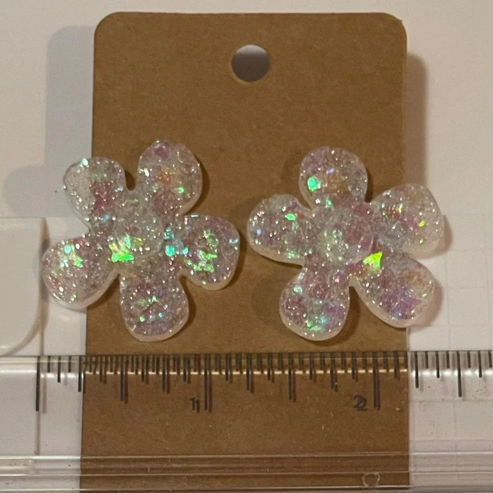 Handmade‎ epoxy resin large flower earrings - translucent holographic glitter